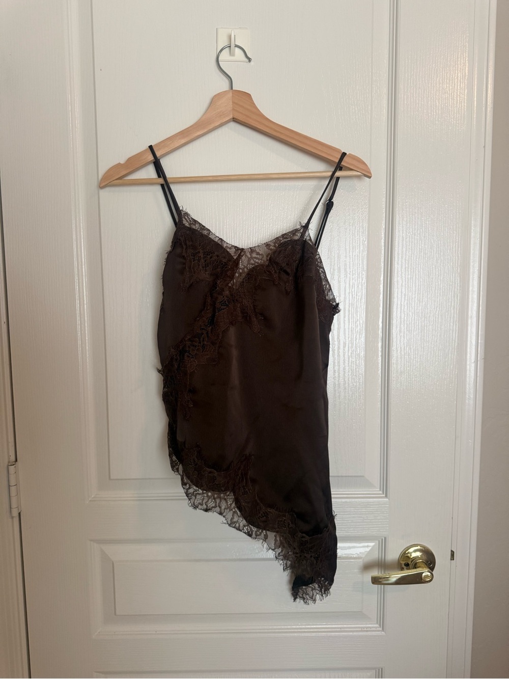 Cider Chocolate Brown Asymmetrical Lace-Trim Slip Dress